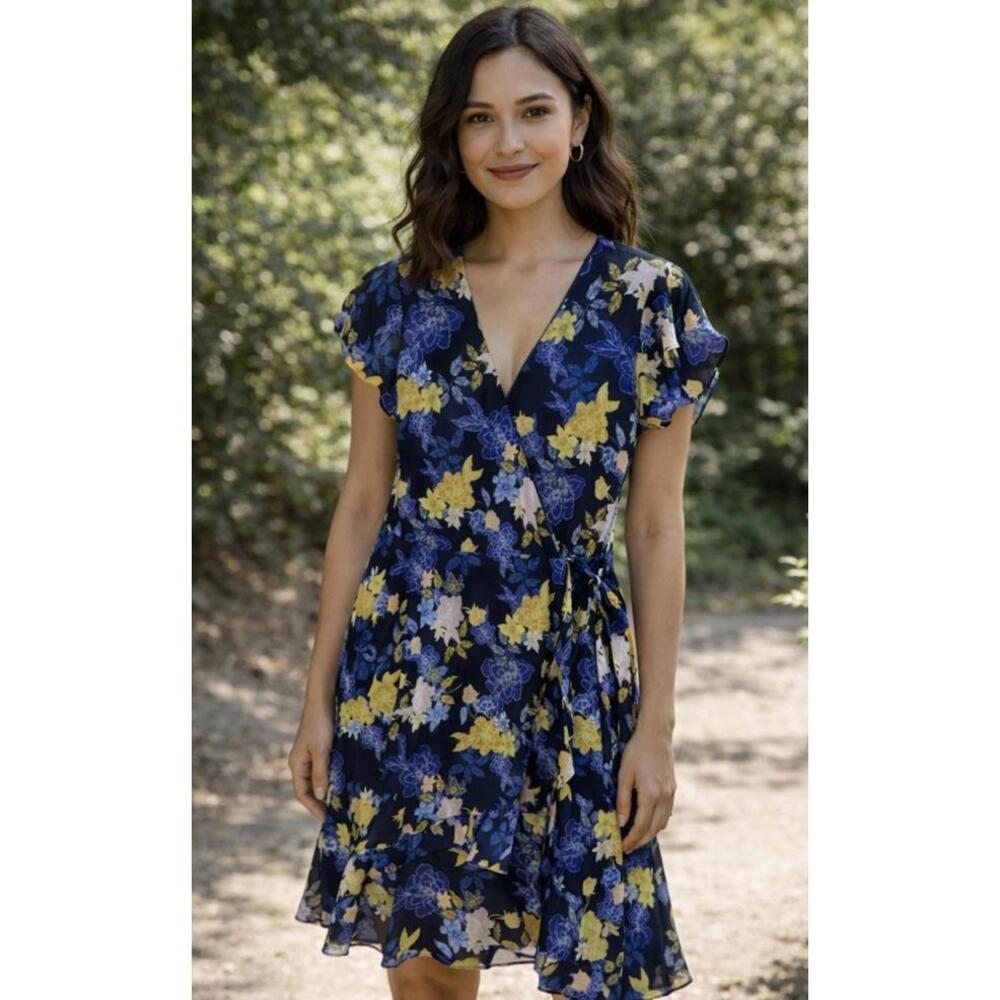 Banana Republic Floral Chiffon Faux Wrap Dress Womens 6 Brunch Springtime Weddin